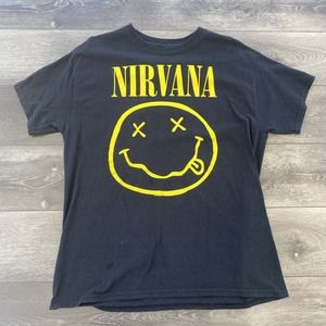 Nirvana Happy Face Band Black Yellow T Shirt Adult Medium Short Sleeve